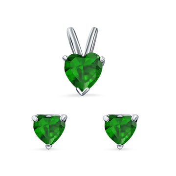 Heart Shape Jewelry Set Pendant Earring Simulated Green Emerald Cubic Zirconia 925 Sterling Silver
